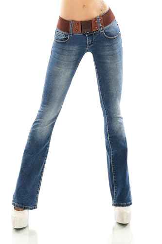 Damen Bootcut Jeans Hose Schlag Schlaghose Denim Stretch Gürtel XS-XL (DE/NL/SE/PL, Alphanumerisch, L, Regular, Regular, Dunkelblau-W385) von STIDIA