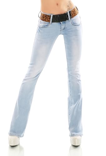 Damen Bootcut Jeans Hose Schlag Schlaghose Denim Stretch Gürtel XS-XL (DE/NL/SE/PL, Alphanumerisch, L, Regular, Regular, Hellblau/382-16) von STIDIA