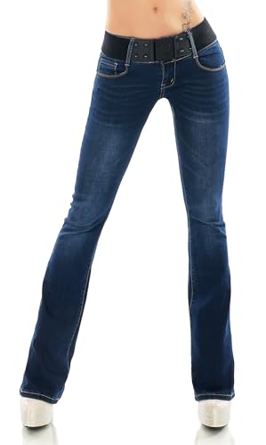 Damen Bootcut Jeans Hose Schlag Schlaghose Denim Stretch Gürtel XS-XL (DE/NL/SE/PL, Alphanumerisch, L, Regular, Regular, W3012-Dunkelblau) von STIDIA