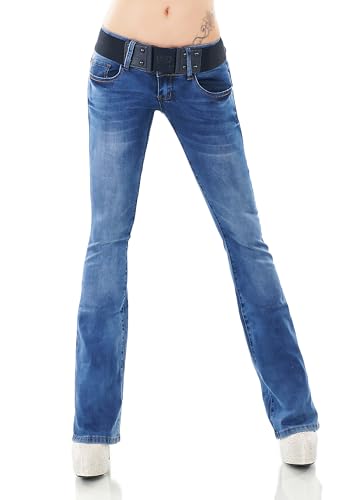 Damen Bootcut Jeans Hose Schlag Schlaghose Denim Stretch Gürtel XS-XL (DE/NL/SE/PL, Alphanumerisch, XL, Regular, Regular, W351-Blau) von STIDIA