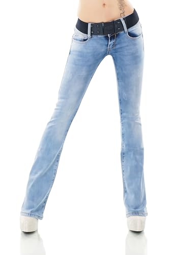 Damen Bootcut Jeans Hose Schlag Schlaghose Denim Stretch Gürtel XS-XL (DE/NL/SE/PL, Alphanumerisch, XS, Regular, Regular, W360-Hellblau) von STIDIA