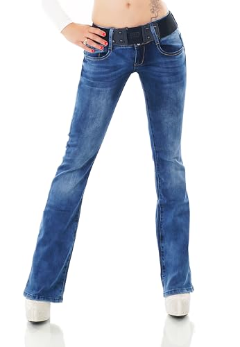 Damen Bootcut Jeans Hose Schlag Schlaghose Denim Stretch Gürtel XS-XL (DE/NL/SE/PL, Alphanumerisch, XS, Regular, Regular, W361-Blau) von STIDIA