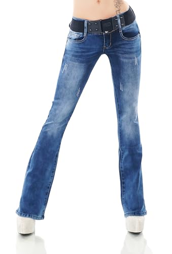 Damen Bootcut Jeans Hose Schlag Schlaghose Denim Stretch Gürtel XS-XL (DE/NL/SE/PL, Alphanumerisch, XS, Regular, Regular, W362-Blau) von STIDIA