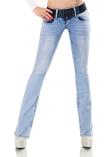 Damen Bootcut Jeans Hose Schlag Schlaghose Denim Stretch Gürtel XS-XL (as3, Alpha, l, Regular, Regular, WT350-Hellblau) von STIDIA