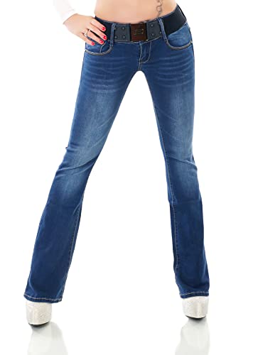 Damen Bootcut Jeans Hose Schlag Schlaghose Denim Stretch Gürtel XS-XL (as3, Alpha, l, Regular, Regular, WT367-Blau) von STIDIA