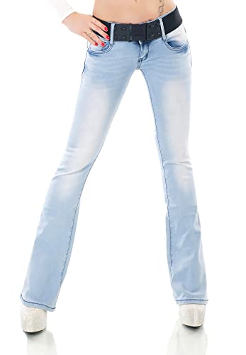 Damen Bootcut Jeans Hose Schlag Schlaghose Denim Stretch Gürtel XS-XL (as3, Alpha, m, Regular, Regular, WT368-Hellblau) von STIDIA