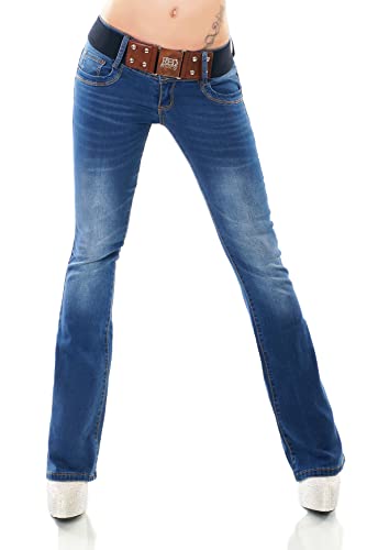 Damen Bootcut Jeans Hose Schlag Schlaghose Denim Stretch Gürtel XS-XL (as3, Alpha, s, Regular, Regular, WT366-Blau) von STIDIA