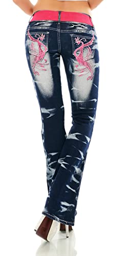 STIDIA Bootcut Jeans Hose Schlaghose Verschiedene Stickerei Tattoo Drache Strauß Schriftzug inkl. Gürtel XS-XXL (as3, Numeric, Numeric_36, Regular, , WT375-Pink, S/36) von STIDIA