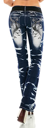 STIDIA Damen Bootcut Jeans Hose Schlaghose Verschiedene Stickerei Tattoo Drache Strauß Schriftzug inkl. Gürtel XS-XXL (as3, Numeric, Numeric_36, Regular, Regular, WT375-Schwarz, S/36) von STIDIA