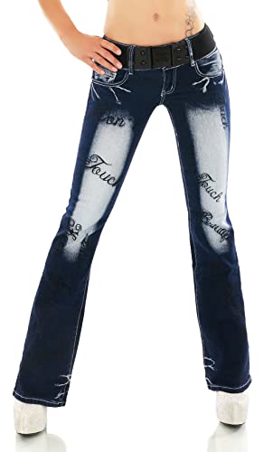 STIDIA Damen Bootcut Jeans Hose Schlaghose Verschiedene Stickerei Tattoo Drache Strauß Schriftzug inkl. Gürtel XS-XXL (as3, Numeric, Numeric_44, Regular, Regular, WT376-Schwarz, XXL/44) von STIDIA