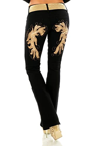 STIDIA Damen Bootcut Jeans Hose Schlaghose Flamme Kunstleder Stickerei Tattoo Gürtel XS-XXL (as3, Alpha, xx_l, Regular, Regular, Schwarz-Gold, Regulär) von STIDIA