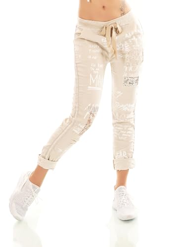 STIDIA Damen Hose Jogpants Baggy Boyfriend Freizeithose Schriftzug Seitenstreifen Häkel-Einsatz 36-40 (DE/NL/SE/PL, Alphanumerisch, Einheitsgröße, Regular, Regular, Beige) von STIDIA