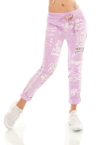 STIDIA Damen Hose Jogpants Baggy Boyfriend Freizeithose Schriftzug Seitenstreifen Häkel-Einsatz 36-40 (DE/NL/SE/PL, Alphanumerisch, Einheitsgröße, Regular, Regular, Flieder) von STIDIA