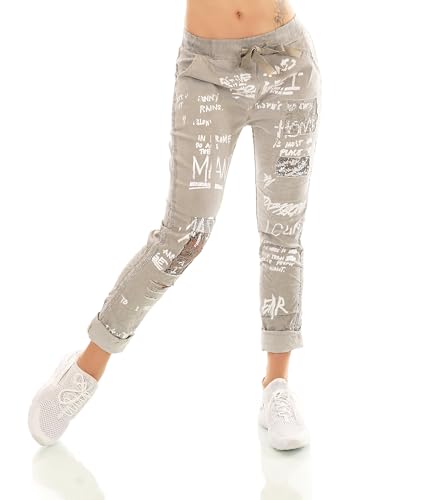 STIDIA Damen Hose Jogpants Baggy Boyfriend Freizeithose Schriftzug Seitenstreifen Häkel-Einsatz 36-40 (DE/NL/SE/PL, Alphanumerisch, Einheitsgröße, Regular, Regular, Grau) von STIDIA