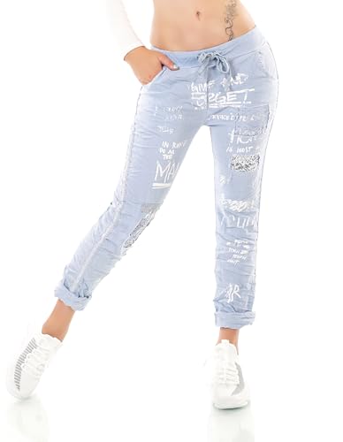 STIDIA Damen Hose Jogpants Baggy Boyfriend Freizeithose Schriftzug Seitenstreifen Häkel-Einsatz 36-40 (DE/NL/SE/PL, Alphanumerisch, Einheitsgröße, Regular, Regular, Hellblau) von STIDIA