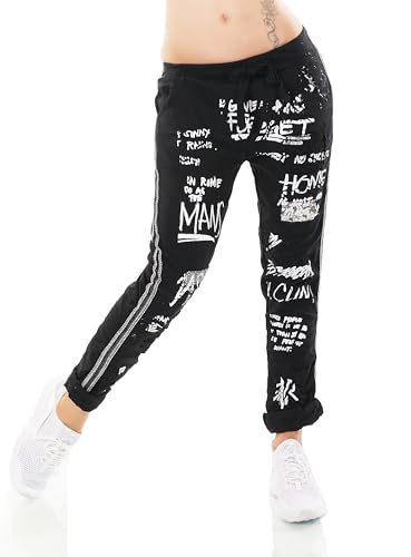 STIDIA Damen Hose Jogpants Baggy Boyfriend Freizeithose Schriftzug Seitenstreifen Häkel-Einsatz 36-40 (DE/NL/SE/PL, Alphanumerisch, Einheitsgröße, Regular, Regular, Schwarz) von STIDIA