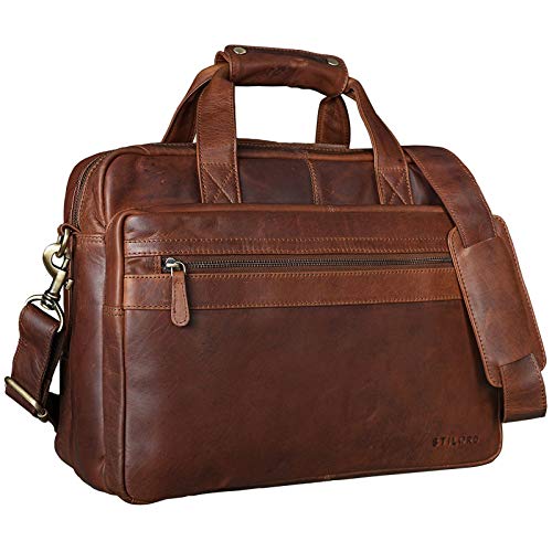 STILORD 'Adventure' Lehrertasche Herren Damen Aktentasche Office Büro Schulter- oder Umhängetasche Businesstasche für Laptop Leder, Farbe:Cognac - Dunkelbraun von STILORD