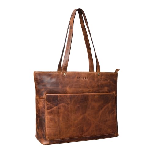 STILORD 'Astrid' Shopper Handtasche Leder Damen Schultertasche Vintage Ledertasche mit Laptopfach Elegante Businesstasche Aktentasche für Frauen Echtleder, Farbe:kara - cognac von STILORD