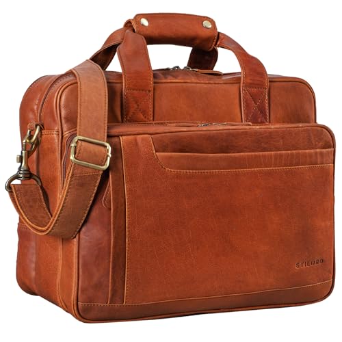 STILORD 'Excelsior' Schultasche Leder Herren Damen Lehrertasche Aktentasche Büro Schulter- und Umhängetasche für Laptop Dreifachtrenner Echt Leder Vintage, Farbe:maraska - braun von STILORD