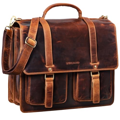 STILORD 'Fernando' Ledertasche Aktentasche Vintage Große Umhängetasche für Lehrer Business Laptoptasche Trolley Aufsteckbar Echtes Leder, Farbe:kara - cognac von STILORD