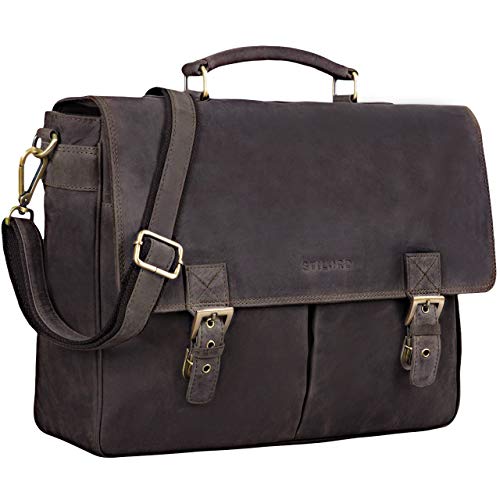 STILORD 'Georg' Aktentasche Leder Vintage Dokumententasche Lehrertasche Business Büro für große Aktenordner 15,6 Zoll Laptopfach echtes Rindsleder, Farbe:dunkel - braun von STILORD