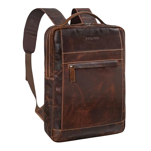 STILORD 'Heiko' Leder Laptop Rucksack 15.6 Zoll Vintage Echtleder Rucksack Damen und Herren Arbeitsrucksack mit Anti Diebstahlfächern für Büro, Lehrer und Studenten, Farbe:luino - braun von STILORD