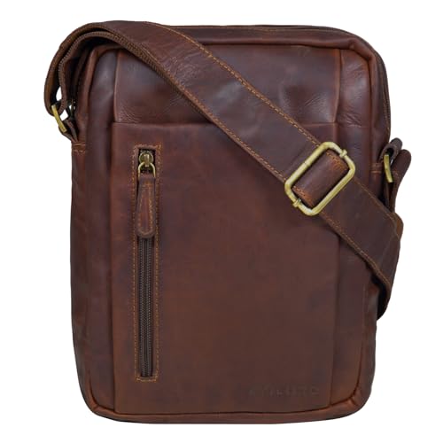 STILORD 'Irving' Vintage Leder Tasche Braun klein Umhängetasche für 10,1 Zoll und iPad Tablettasche DIN A5 Handtasche Messenger Bag Echtleder, Farbe:Cognac - Dunkelbraun von STILORD