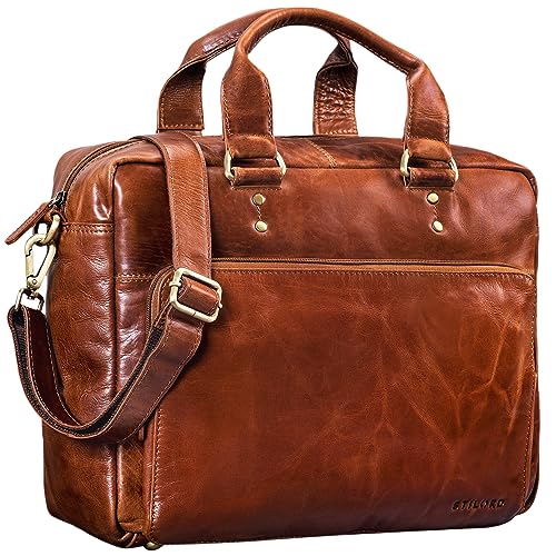 STILORD 'Jack' Ledertasche Aktentasche Herren Vintage Umhängetasche für Büro Business Arbeit 13,3 Zoll Laptoptasche für große DIN A4 Aktenordner echtes Leder, Farbe:cognac - glänzend von STILORD