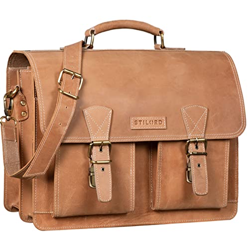 STILORD 'Jeffrey' Lehrertasche Aktentasche Leder Große Vintage Ledertasche zum Umhängen 15.6 Zoll Laptop Tasche für Schule Uni Business Trolley Aufsteckbar, Farbe:Princeton - braun von STILORD