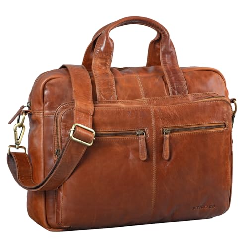 STILORD 'Leandro' Ledertasche Herren Laptoptasche 15.6 Zoll braune Messenger Bag multifunktional tragbar als Handtasche Umhängetasche Trolley Aufsatz Vintage Leder, Farbe:cognac - glänzend von STILORD