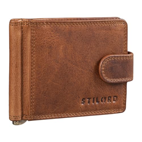 STILORD 'Lino' Leder Geldbörse mit Geldklammer und Münzfach Kleines Herren Portemonnaie mit Druckknopf Vintage Brieftasche Slim Wallet mit RFID Schutz, Farbe:Kara - Cognac von STILORD