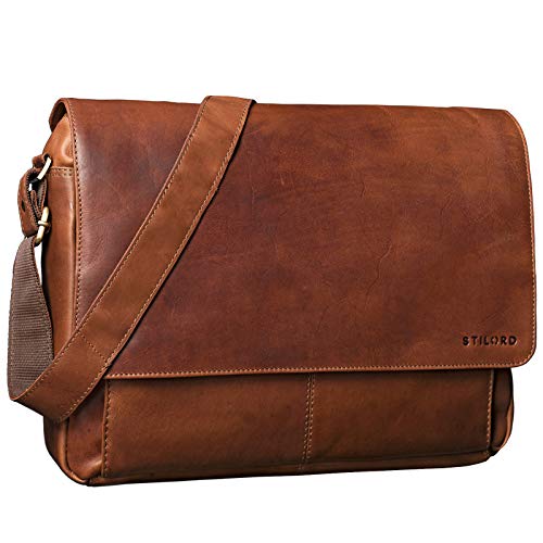 STILORD 'Lonzo' Vintage Umhängetasche echtes Büffel-Leder Messenger Bag für Herren und Damen Unitasche Büro Business Studium Leder, Farbe:cognac - braun von STILORD