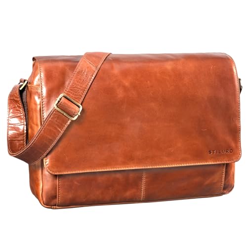 STILORD 'Lonzo' Vintage Umhängetasche echtes Büffel-Leder Messenger Bag für Herren und Damen Unitasche Büro Business Studium Leder, Farbe:Cognac - glänzend von STILORD