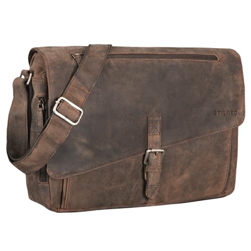 STILORD 'Merlin' Vintage Leder Umhängetasche Damen Herren klassische Aktentasche für Arbeit Büro große Unitasche mit 15.6 Zoll Laptopfach echtes Leder von STILORD