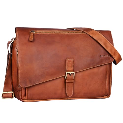 STILORD 'Merlin' Vintage Leder Umhängetasche Damen Herren klassische Aktentasche für Arbeit Büro große Unitasche mit 15.6 Zoll Laptopfach echtes Leder, Farbe:cognac - braun von STILORD