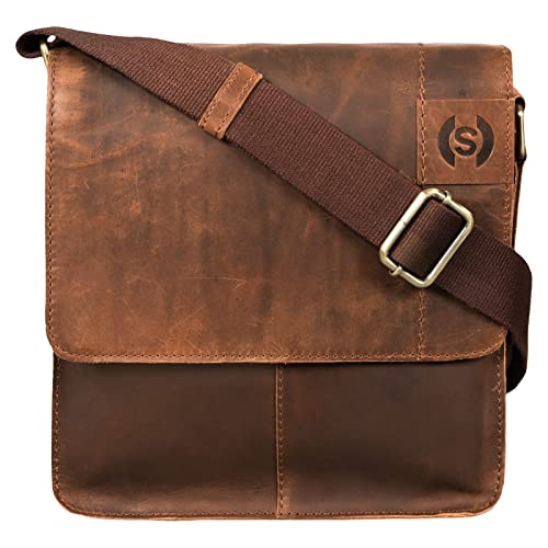 STILORD 'Mircos' Tablet Umhängetasche Leder 9.7 Zoll iPad Tasche für Herren Männer mittel-große Schultertasche Vintage Ledertasche Messenger Bag Echtleder, Farbe:Mocca - Dunkelbraun von STILORD