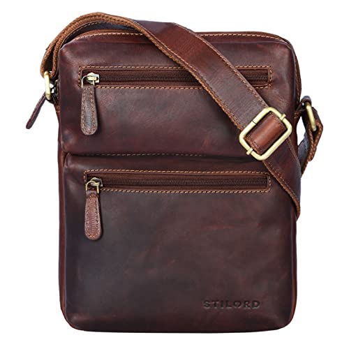 STILORD 'Moritz' Kleine Ledertasche Umhängetasche braun Vintage Messenger Bag für Herren mit vielen Fächern für 10.1 Zoll Tablet iPad aus echtem Büffel-Leder, Farbe:Cognac - Dunkelbraun von STILORD