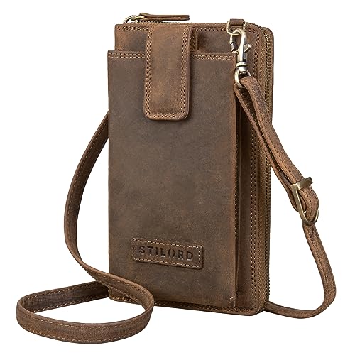 STILORD 'Nelly' Geldbörse mit Handyfach Leder 3-in-1 Handytasche Umhängetasche Portemonnaie zum Umhängen Handy Umhängetasche Damen Vintage Echtleder, Farbe:mittel - braun von STILORD