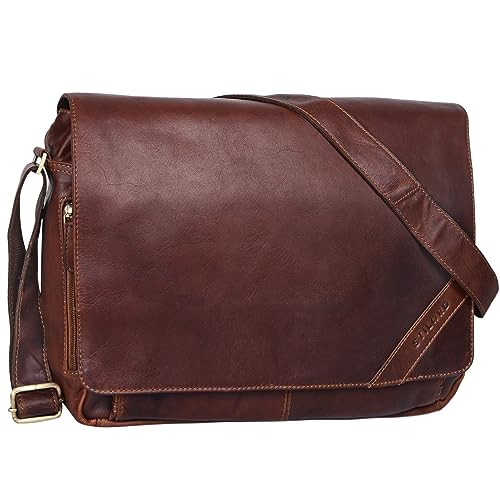 STILORD 'Nick' Umhängetasche Leder Herren Damen Unitasche 15.6 Zoll Laptoptasche Aktentasche Bürotasche Vintage Büffel-Leder, Farbe:Cognac - Dunkelbraun von STILORD