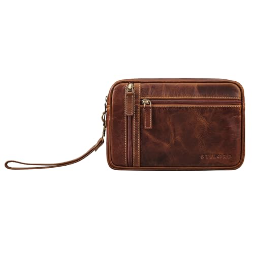 STILORD 'Sunny' Handgelenktasche Herren Leder mit Doppelkammer Handtasche Vintage für 8,4 Zoll Tablet ideal für Festival Reisen Herrenhandtasche Echtleder, Farbe:Cannes - braun von STILORD