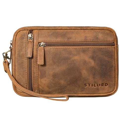 STILORD 'Sunny' Handgelenktasche Herren Leder mit Doppelkammer Handtasche Vintage für 8,4 Zoll Tablet ideal für Festival Reisen Herrenhandtasche Echtleder, Farbe:Sepia - braun von STILORD