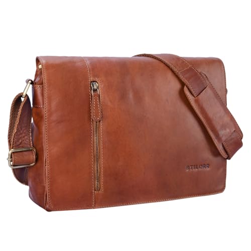 STILORD 'Till' Leder Umhängetasche 13 Zoll große Vintage Schultertasche für Herren Damen Laptoptasche DIN A4 Unitasche Bürotasche aus echtem Leder, Farbe:cognac - braun von STILORD