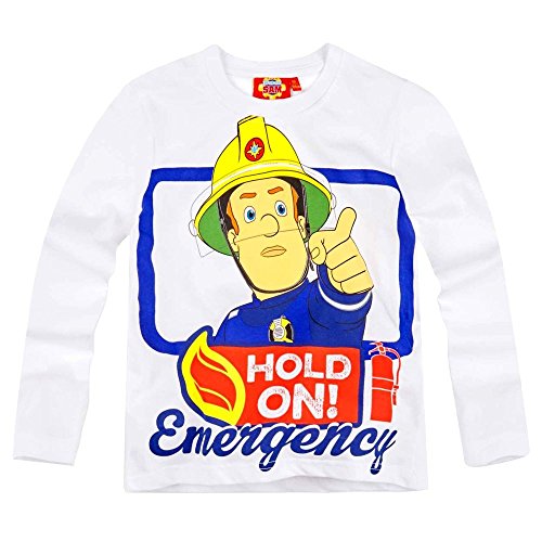 Sam Feuerwehrmann Jungen Langarm Shirt Sam | Größe 98-128 | Kinder Shirt, Größe:104, Farbe:Weiß von Fireman Sam