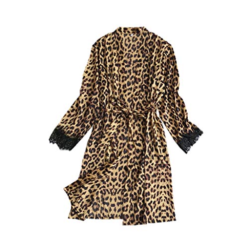 STPT Leopard Sexy Damen Robe Morgenmantel Kurz Kimono Leopardmuster Frauen Satin Bademantel Pyjamas Spitze Cardigan Nachtwäsche Leopardenmuster Damen Reizwäsche Damen Party Pajama von STPT