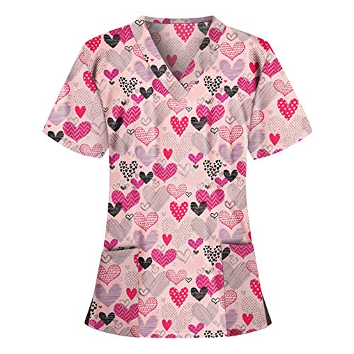 STPT Schlupfhemd Bluse Kurzarm V-Neck Kasack Damen Pflege mit Karikatur Motiv und Taschen Uniform Berufsbekleidung Krankenschwester Kleidung Schlupfkasack Uniformen, Rosa, M von STPT