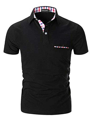 STTLZMC Poloshirt Herren Kurzarm Basic T-Shirt Freizeit Plaid spleißen Polohemd,Schwarz,L von STTLZMC