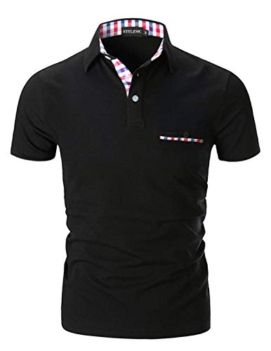 STTLZMC Poloshirt Herren Kurzarm Basic T-Shirt Freizeit Plaid spleißen Polohemd,Schwarz,M von STTLZMC