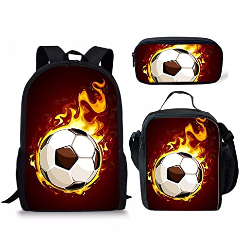 STUOARTE 3-teiliger Rucksack für Jungen und Jugendliche, 43,2 cm, 3D-Feuer-Fußball-Schultasche, Kinder, leichte Büchertasche für Grundschulschüler, kleine Kinder, Schulrucksäcke mit Lunchbox und von STUOARTE