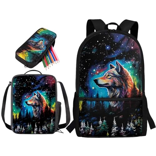 STUOARTE 3-teiliges Kinder-Rucksack-Set für die Grundschule, 43,2 cm, großes Schultaschen-Set mit Lunchbox und Federmäppchen, Galaxy Wolf Forest - Schwarz von STUOARTE