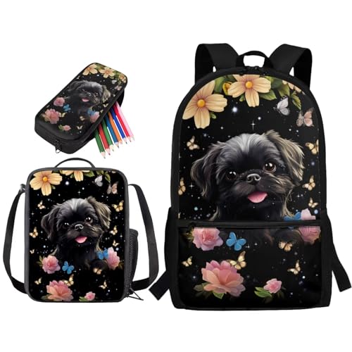 STUOARTE 3-teiliges Kinder-Rucksack-Set für die Grundschule, 43,2 cm, großes Schultaschen-Set mit Lunchbox und Federmäppchen, Shih Tzu Blumenschmetterling, Schwarz von STUOARTE